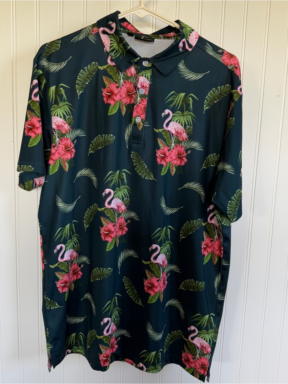 Men's Dark Green Tropical Flamingo Polo Shirt - Golf Floral‎ Print Men’s M Yatta